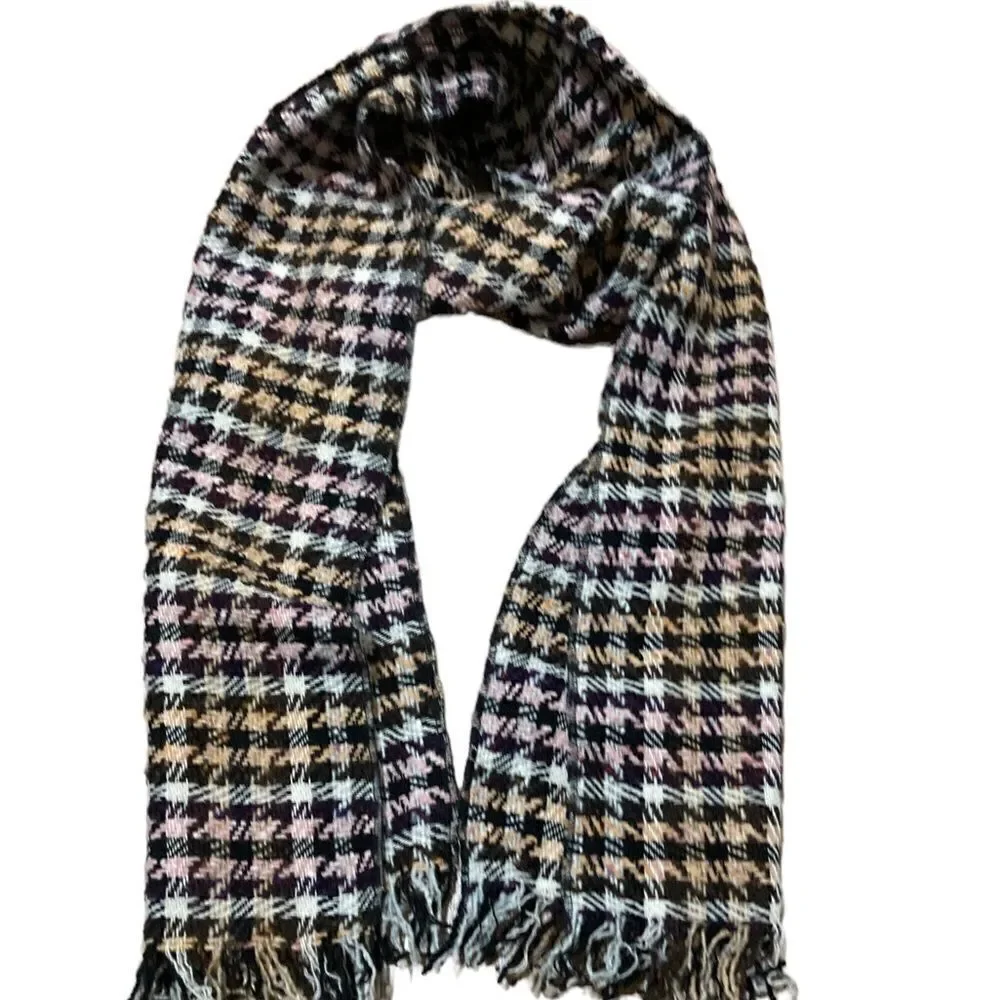 Wool scarf Brown cream pink and orange hounds tooth virgin wool scarf